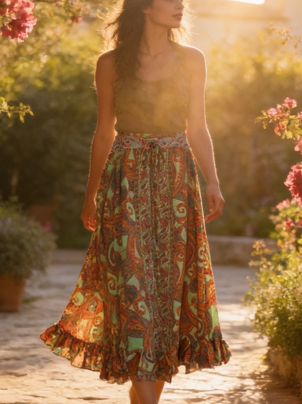 Karma Highway Paisley Print Green & Orange Maxi Skirt with Tie Waist NWOT